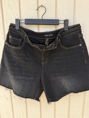 Tribal Black Braided Waist Denim Shorts